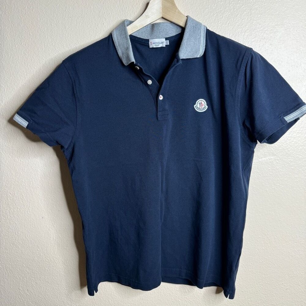 Moncler Shirt Mens XXL Navy Blue Polo Short Sleeve Cotton Logo Casual